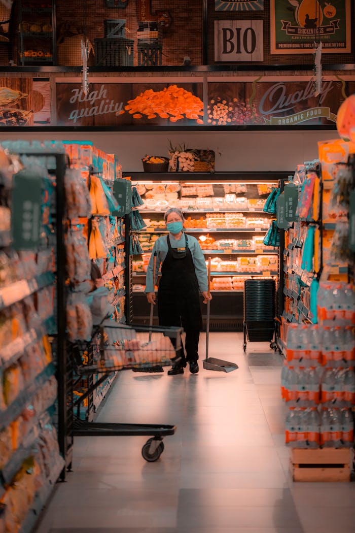 services-01 Elderly worker in mask cleans aisle of grocery store.