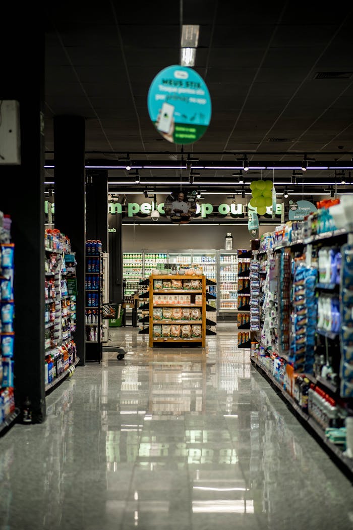 services-02 A well-lit grocery store aisle with stocked shelves, reflecting a serene shopping environment.