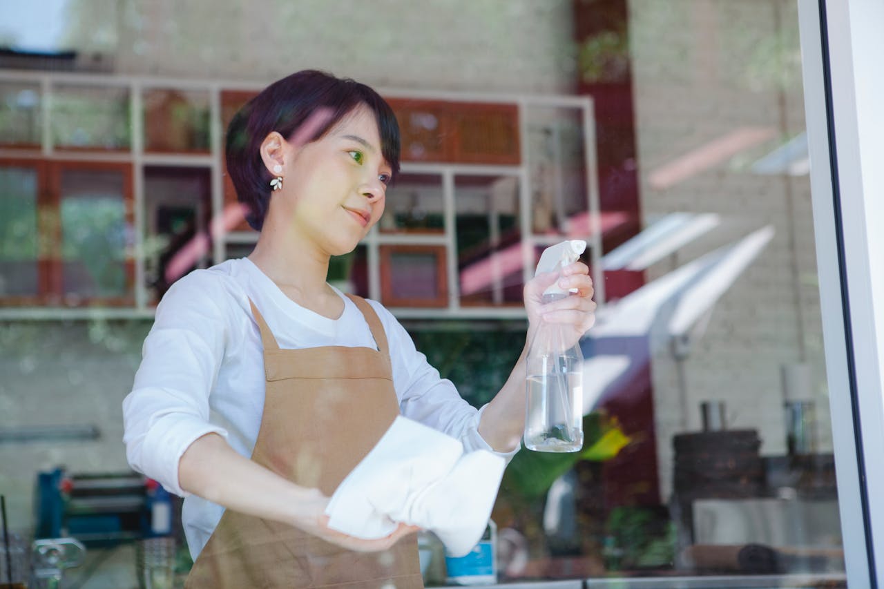 hero-img-02 Asian woman cleaning a glass window in a small business environment with a spray bottle and cloth.